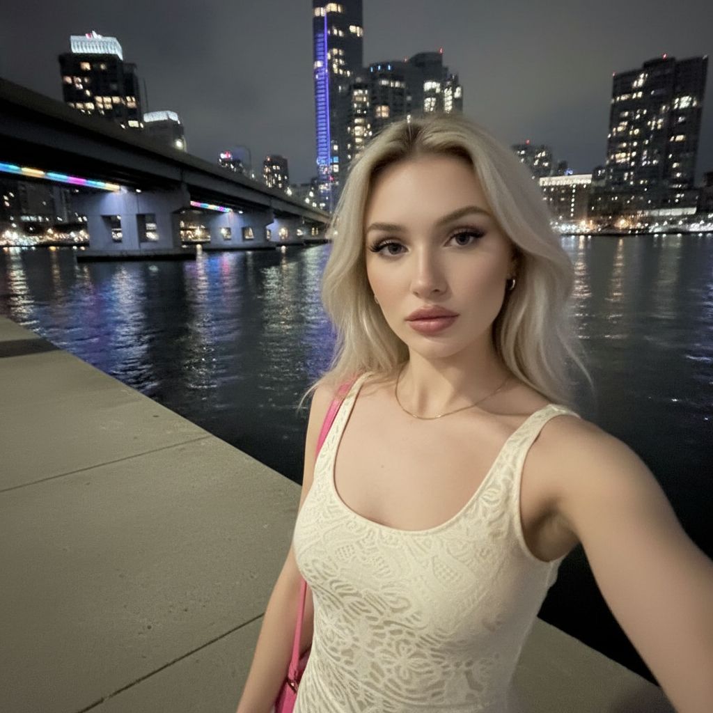 Gen NanoBanana AI image model comparison — NanoBanana google/nano-banana output: nighttime waterfront portrait selfie, neutral expression, polished skin, rainbow bridge lights and city skyline reflected in water