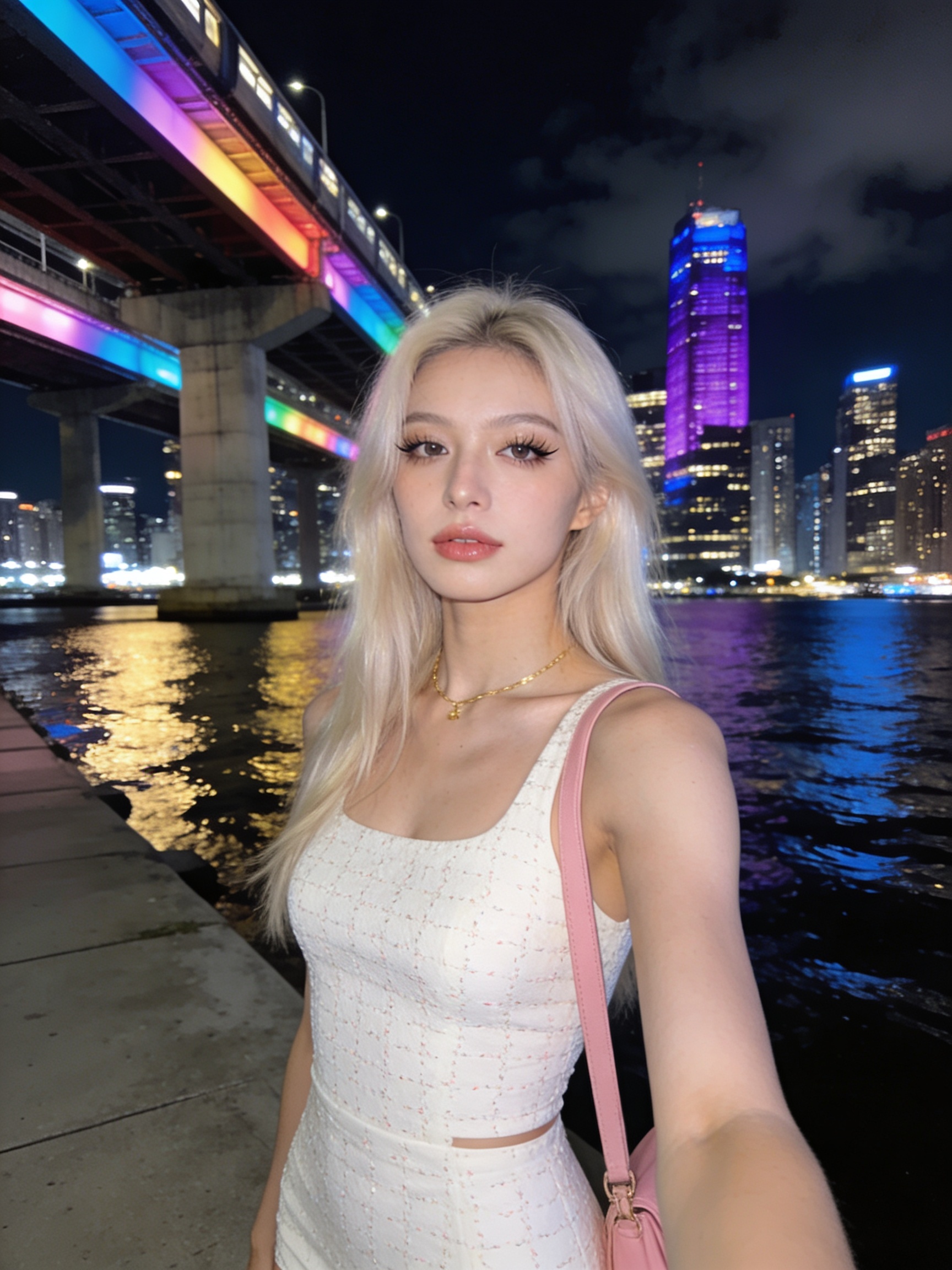 Gen NanoBanana AI image model comparison — Seedream 4.5 ByteDance output: nighttime waterfront portrait selfie, soft smile, smooth cinematic skin, embroidered top detail, purple-accent skyline
